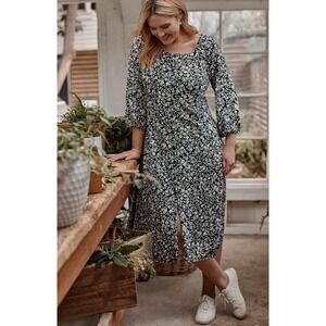 J. Jill Maxi Dress Women 4X Black Floral Button Front Stretch Casual Cottage